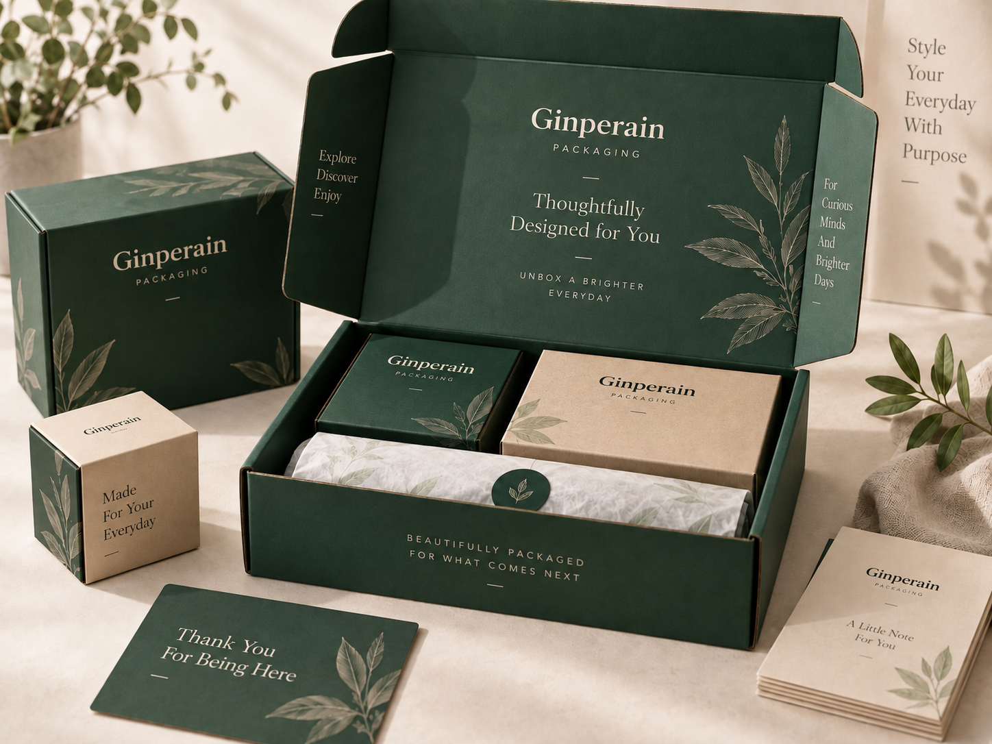 Branded printed packaging arranged for a direct-to-consumer unboxing