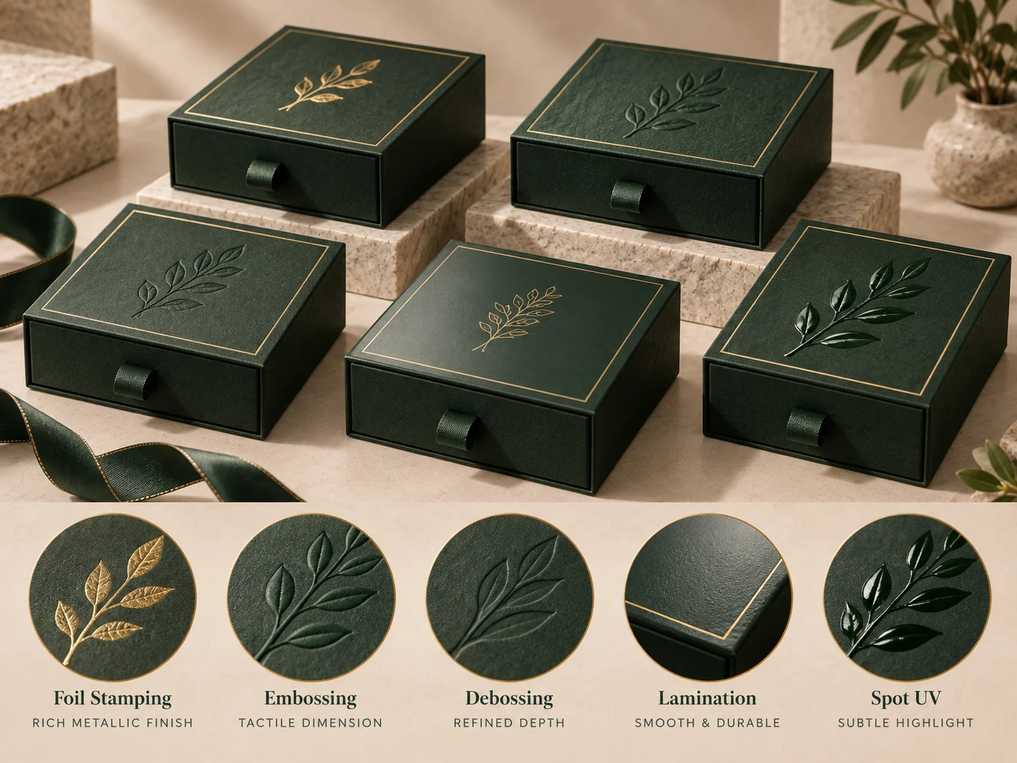 Drawer rigid boxes with foil stamping embossing debossing lamination and Spot UV finishes