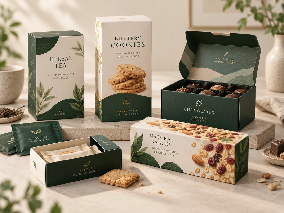 Paper packaging for dry food, confectionery, tea, and specialty food products