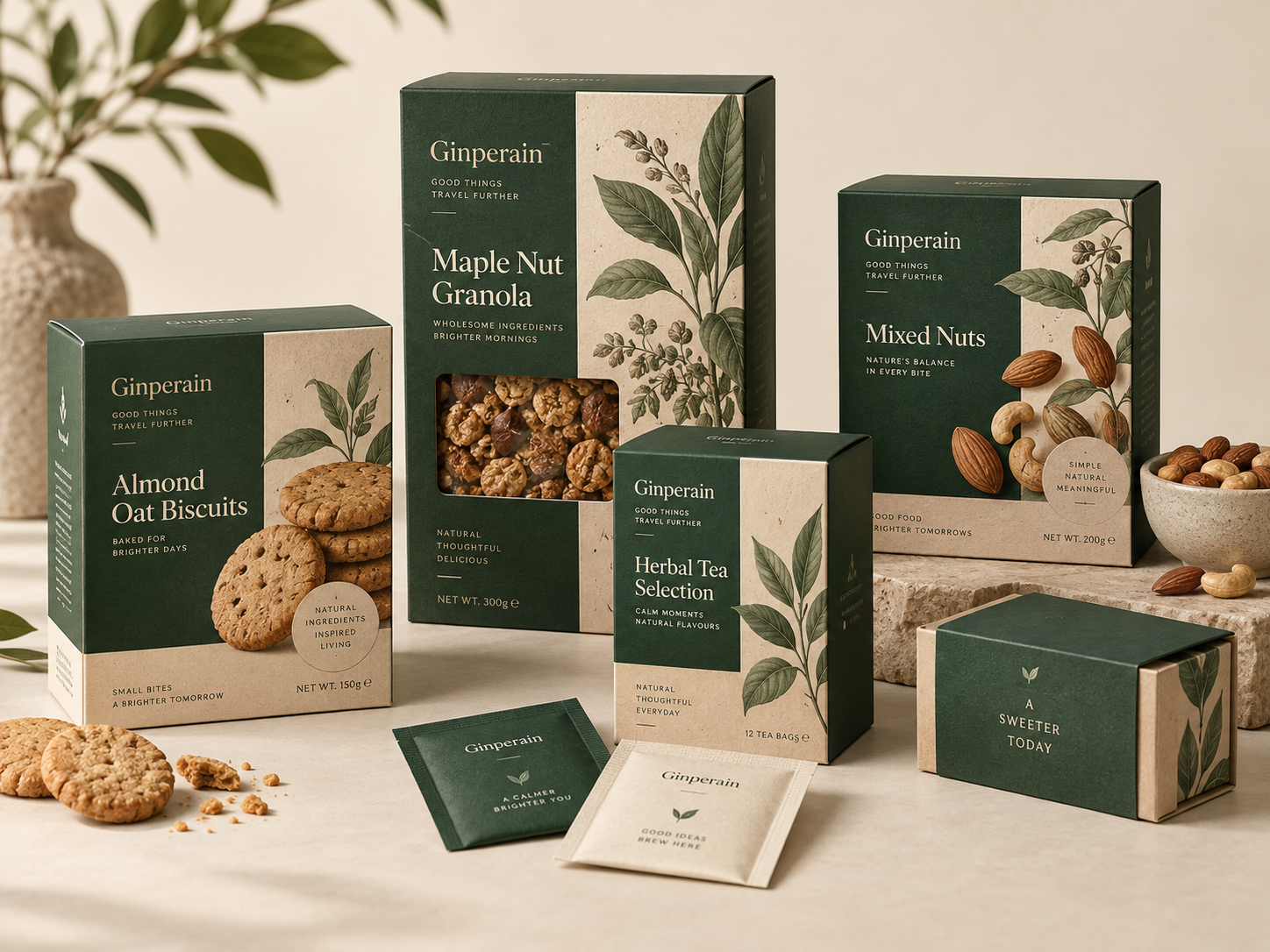 Printed paperboard packaging for nuts, granola, biscuits and tea