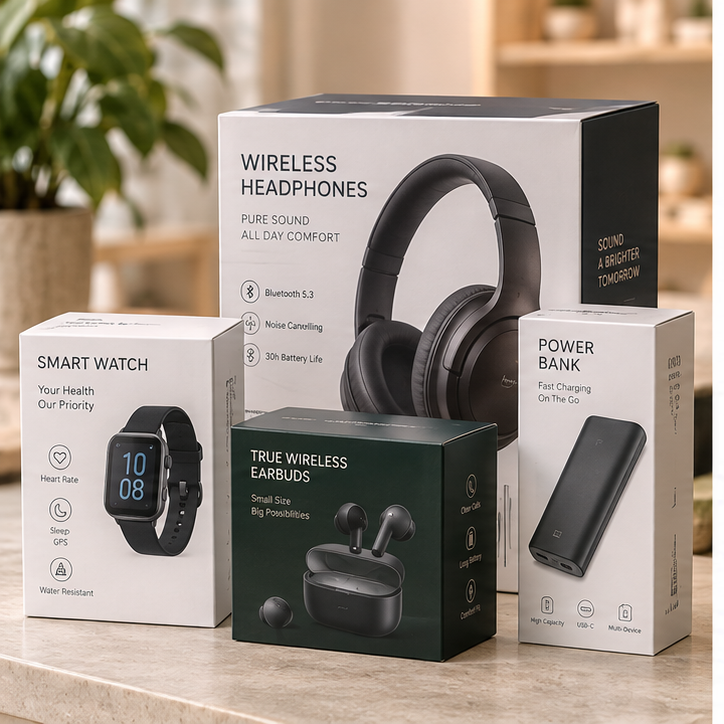 Printed retail packaging for headphones, watches and electronics accessories