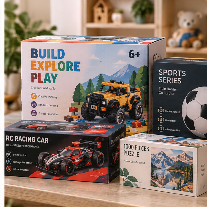 Printed retail cartons for building sets, sports, racing toys and puzzles